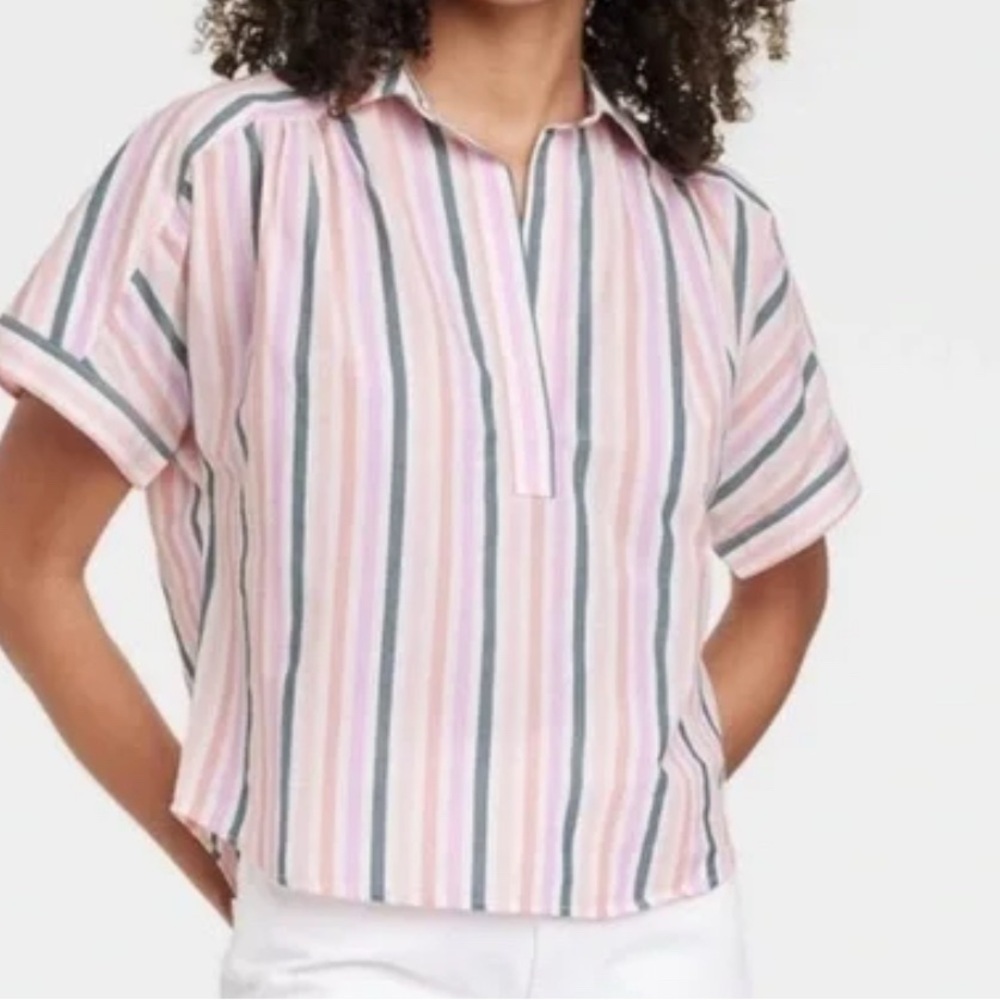NWT: Universal Thread Pink and Green Striped Button-Down Top